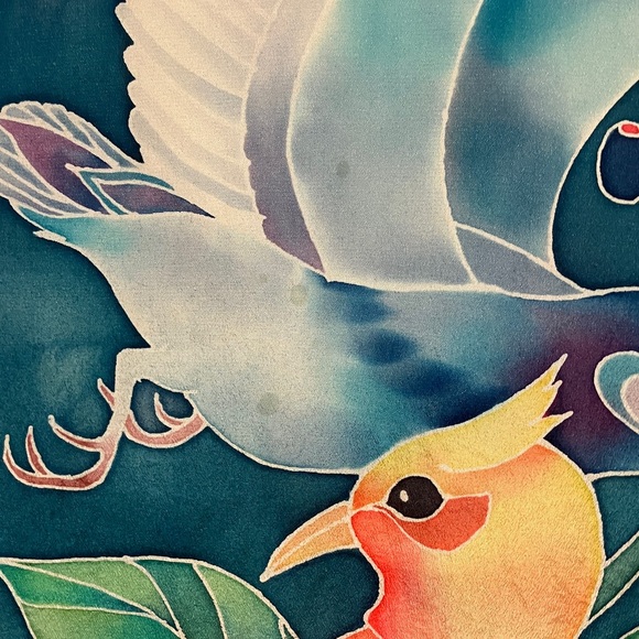 Silk scarf, hand painted, long oblong, bird pattern, indigo blue, green, yellow - Picture 5 of 5